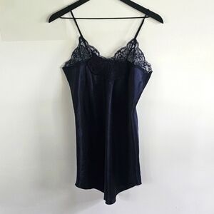 Vintage Erika Taylor Intimates Navy Blue Lace Neckline Women's Slip Dress Size S